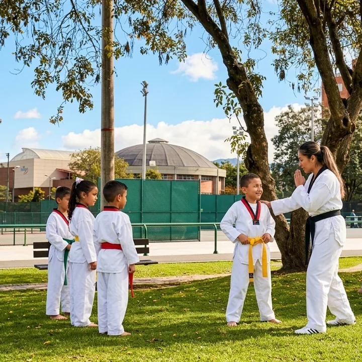 Alumnos de taekwondo con uniforme blanco practican con un instructor en el parque.