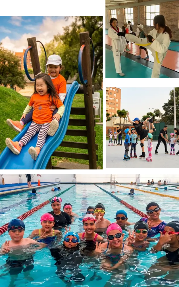 Collage de un tobogán, clases deportivas, natación y actividades al aire libre.