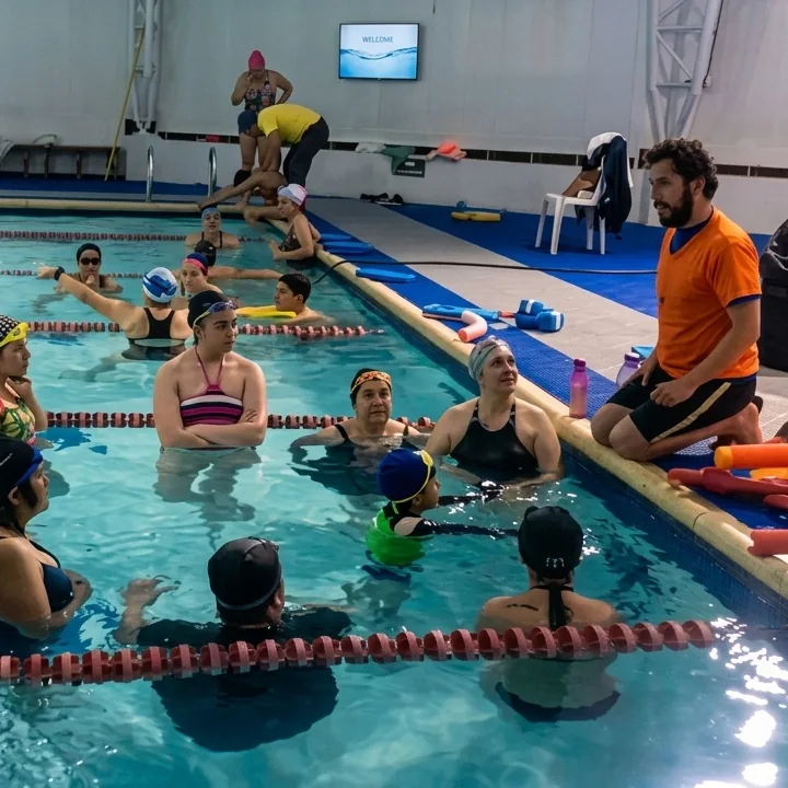 Adultos en la piscina reciben indicaciones de un instructor desde el borde.