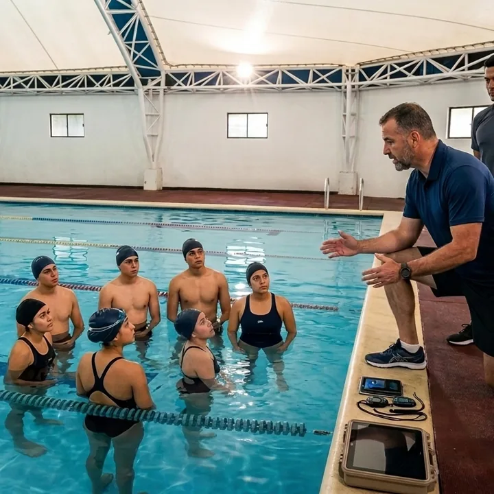 Instructor junto a la piscina orienta a un grupo de alumnos de natación.