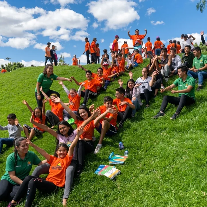 Grupo de niños y monitores reunidos sobre el césped del parque.